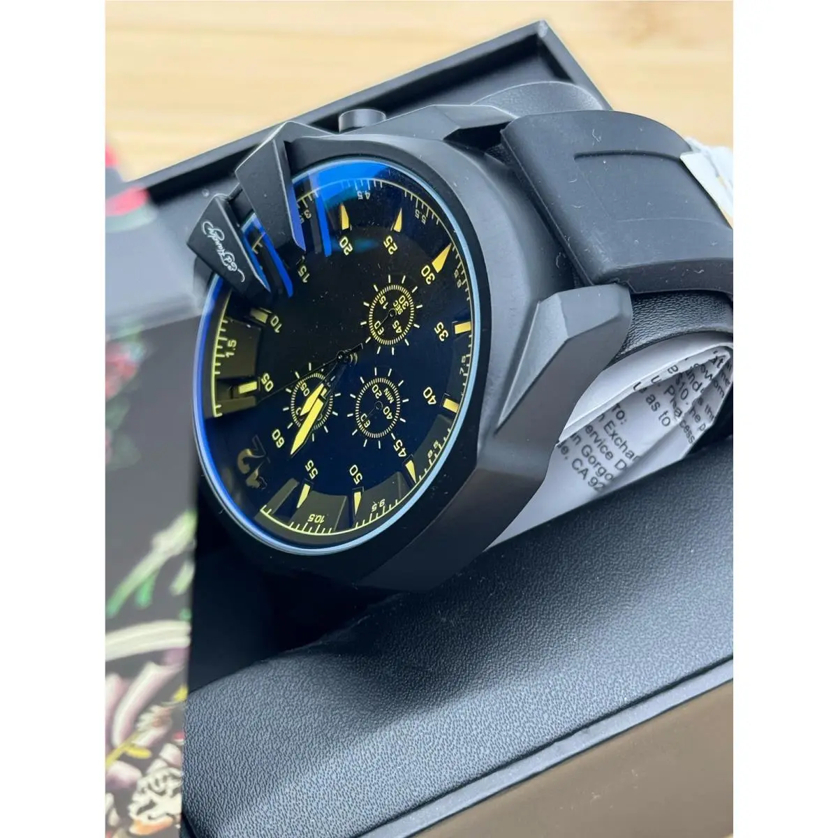 Men`s Black Watch Blue Amber Crystal Black Silicone Strap Quartz by Ed Hardy