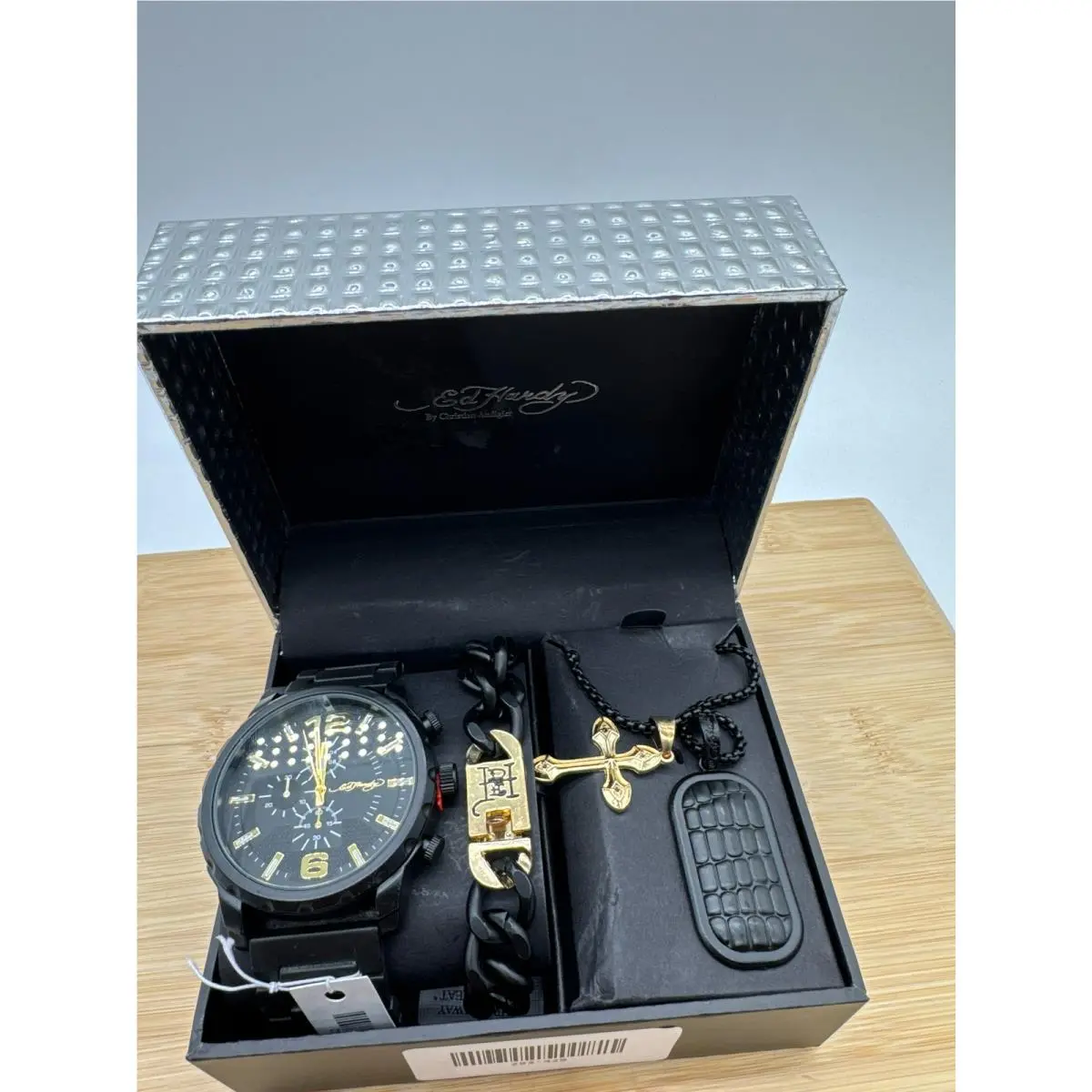 Men`s Matte Black Metal Bracelet Watch 50mm Gift Set by Ed Hardy