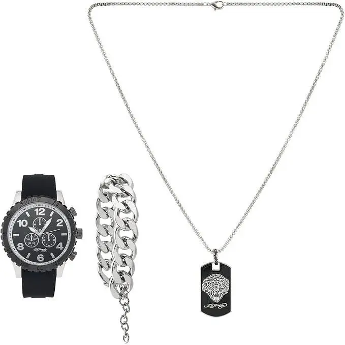 3pc Gift Set Black Watch Tiger Dog Tag Necklace Silver Bracelet by Ed Hardy