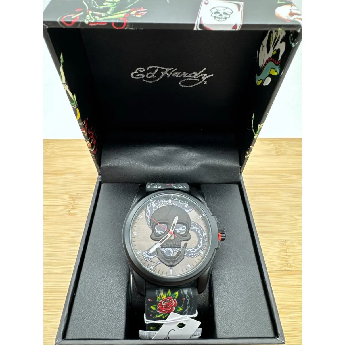 Men`s Skull Snake Watch Black Silicone Strap Analog Quartz by Ed Hardy