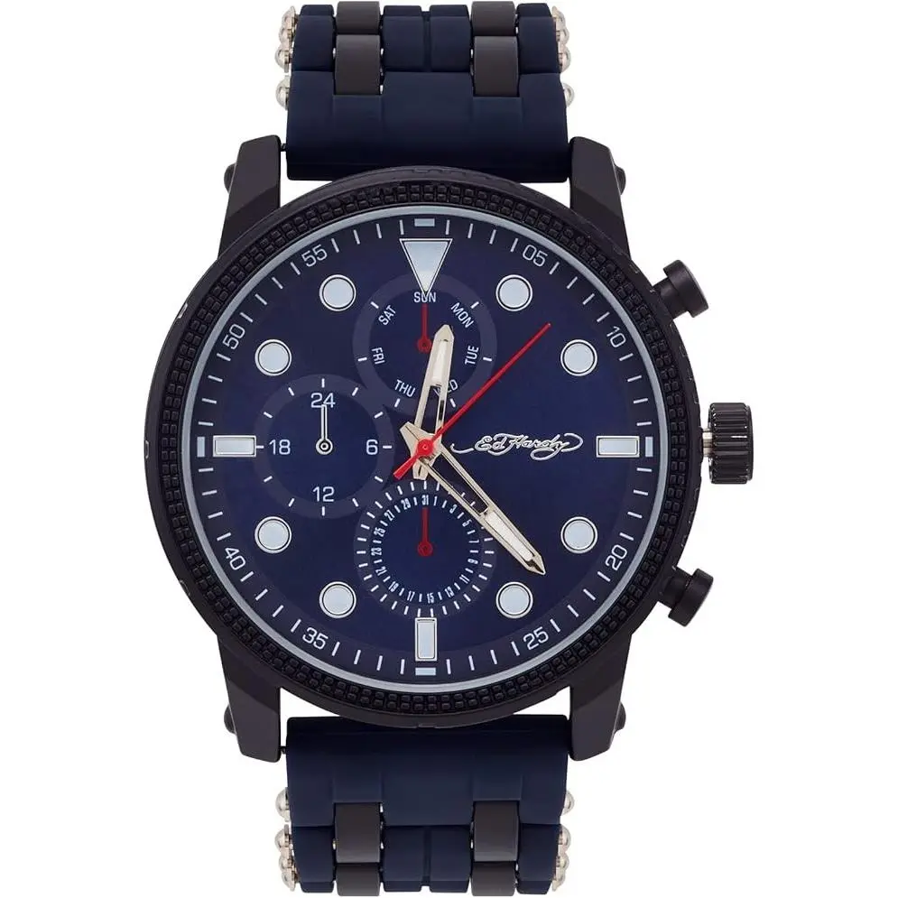Men`s Black Case Blue Dial Blue Silicone Strap Watch Quartz 48mm by Ed Hardy