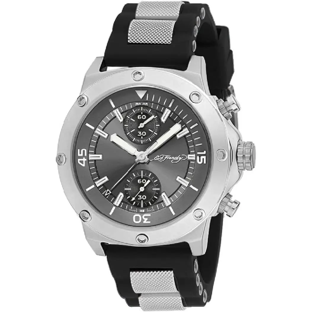 Men`s Silver Black Dial Black Silicone Band Quartz Watch by Ed Hardy