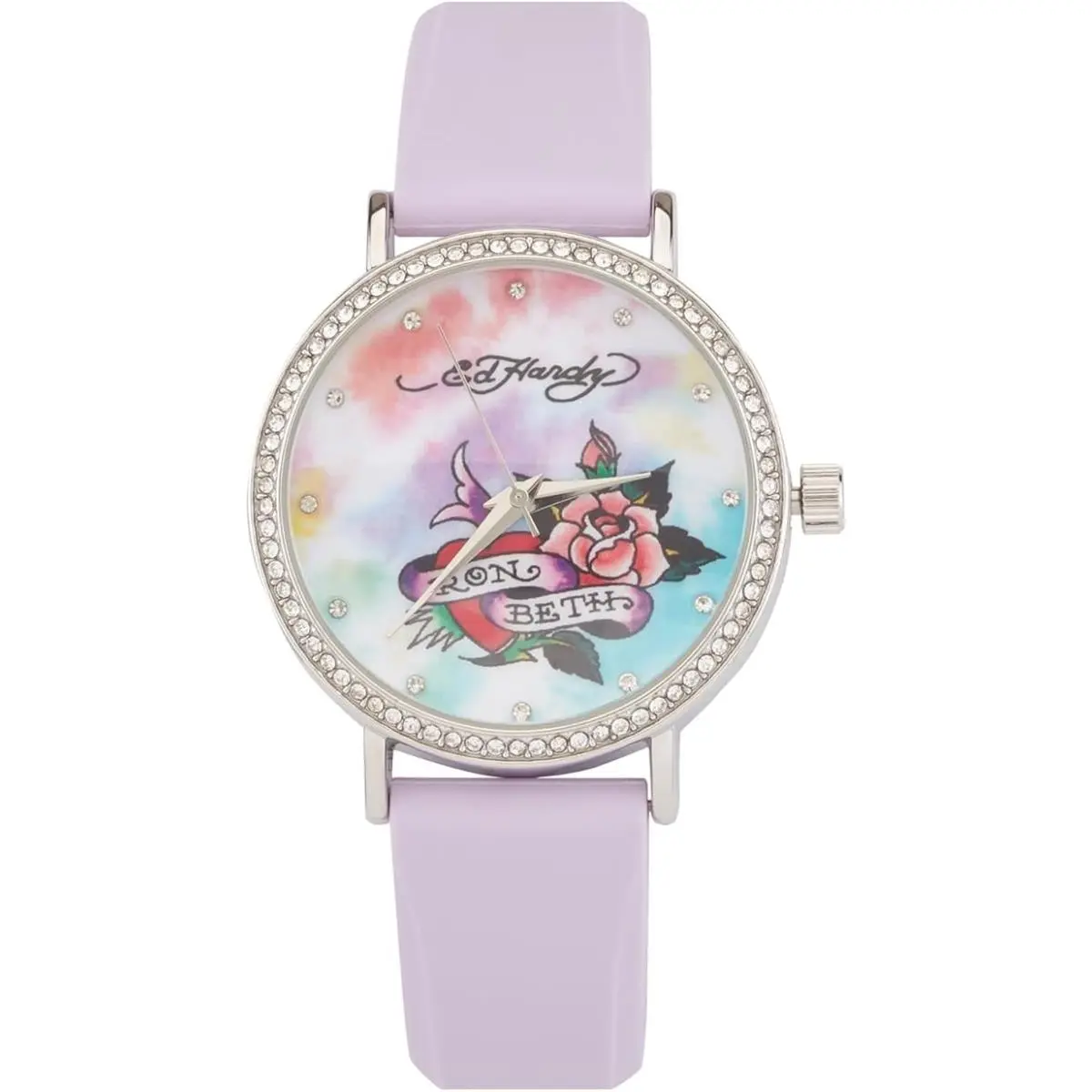 Women`s Purple Silicone Strap Watch Rose Heart Dial Quartz by Ed Hardy