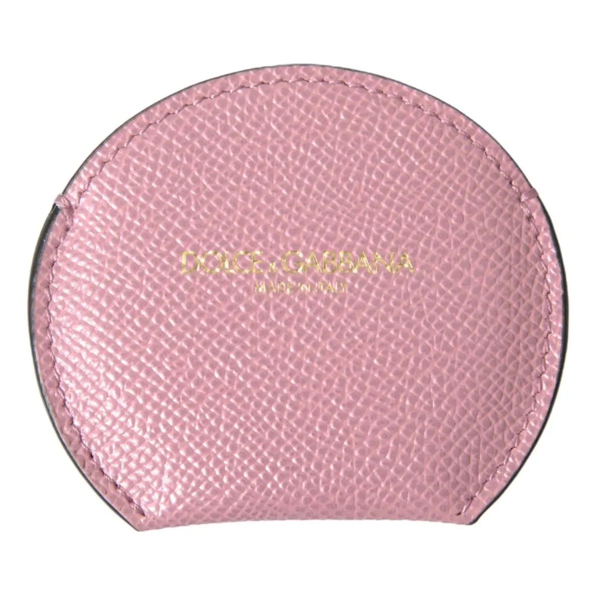 Dolce Gabbana Pink Calfskin Leather Round Logo Print Hand Mirror Holder - SMY101208