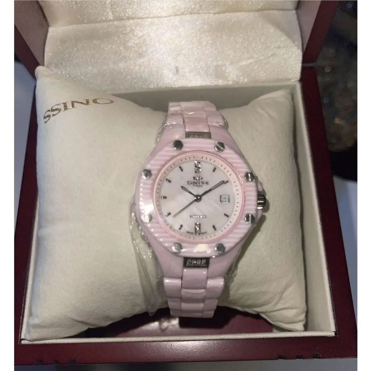 Paris Women`s Diamond Accented Pink Silver Hi Tech Ceramic Watch by Oniss