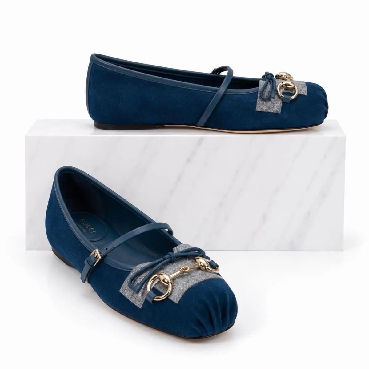 Gucci Kid Scamosciato Horsebit Mary Jane Flats Deep Acqua Women Size 38
