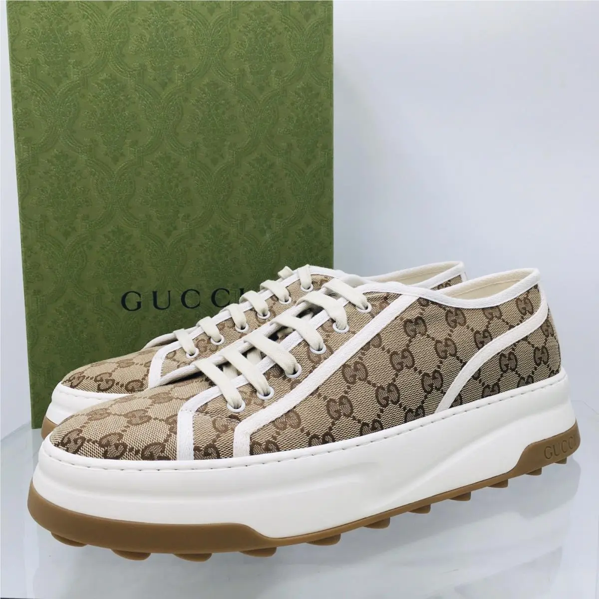 Men`s Gucci Beige Interlocking G Canvas Tennis Sneakers -745997 -sz 14