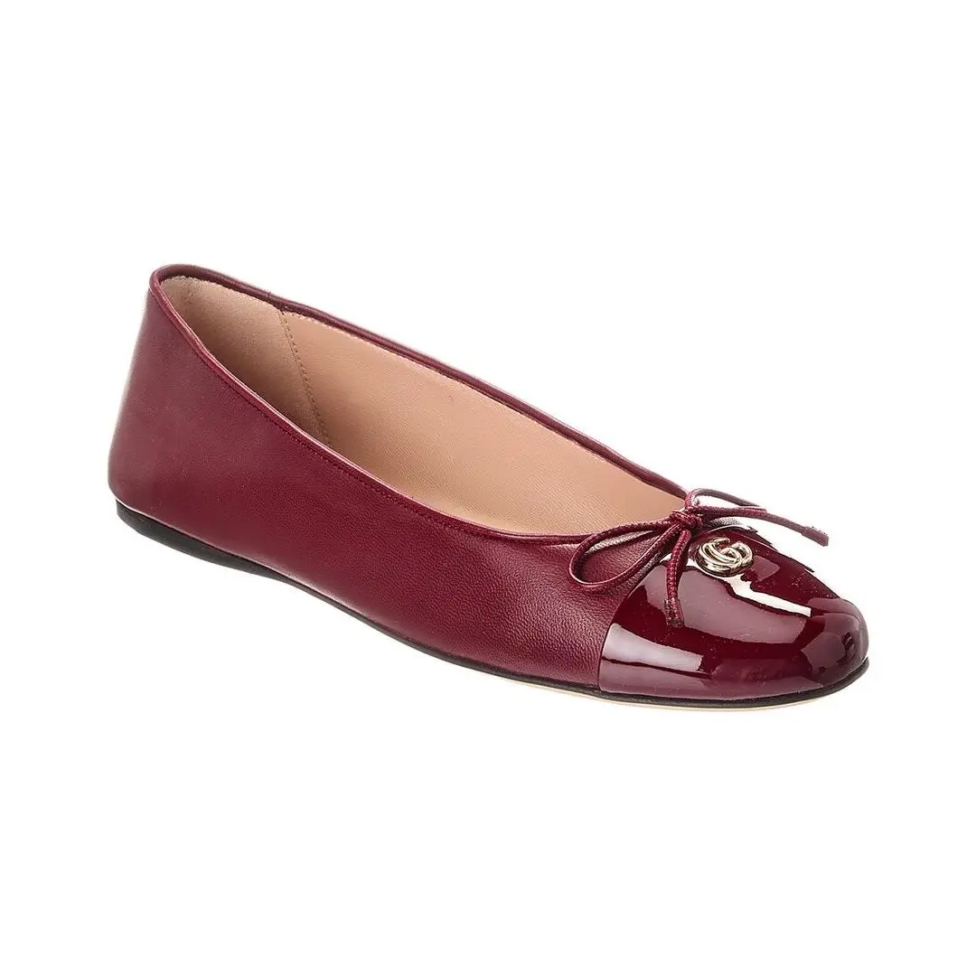 Gucci Double G Leather Ballet Flat Women`s Red 36