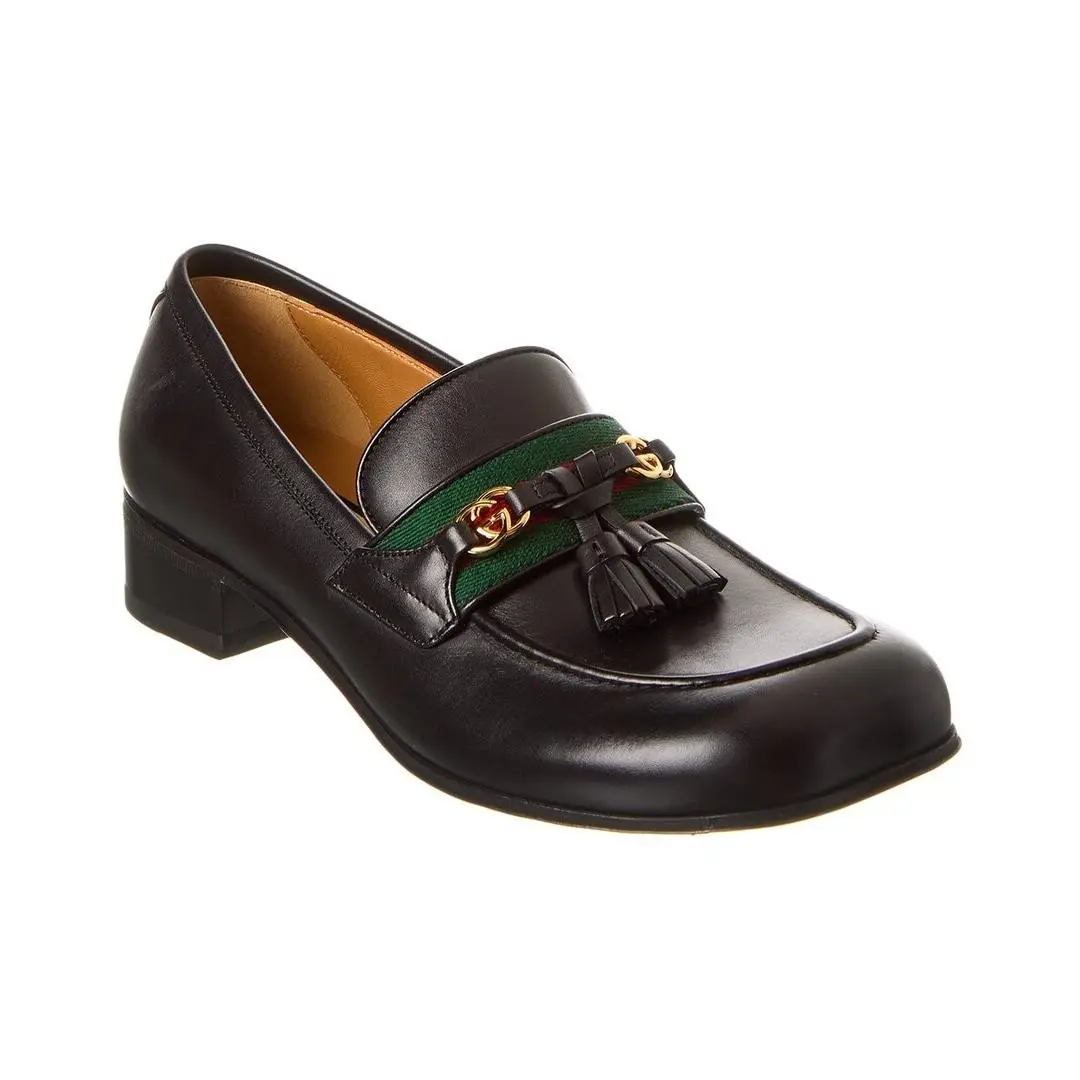 Gucci Web Interlocking G Leather Loafer Women`s Black 36
