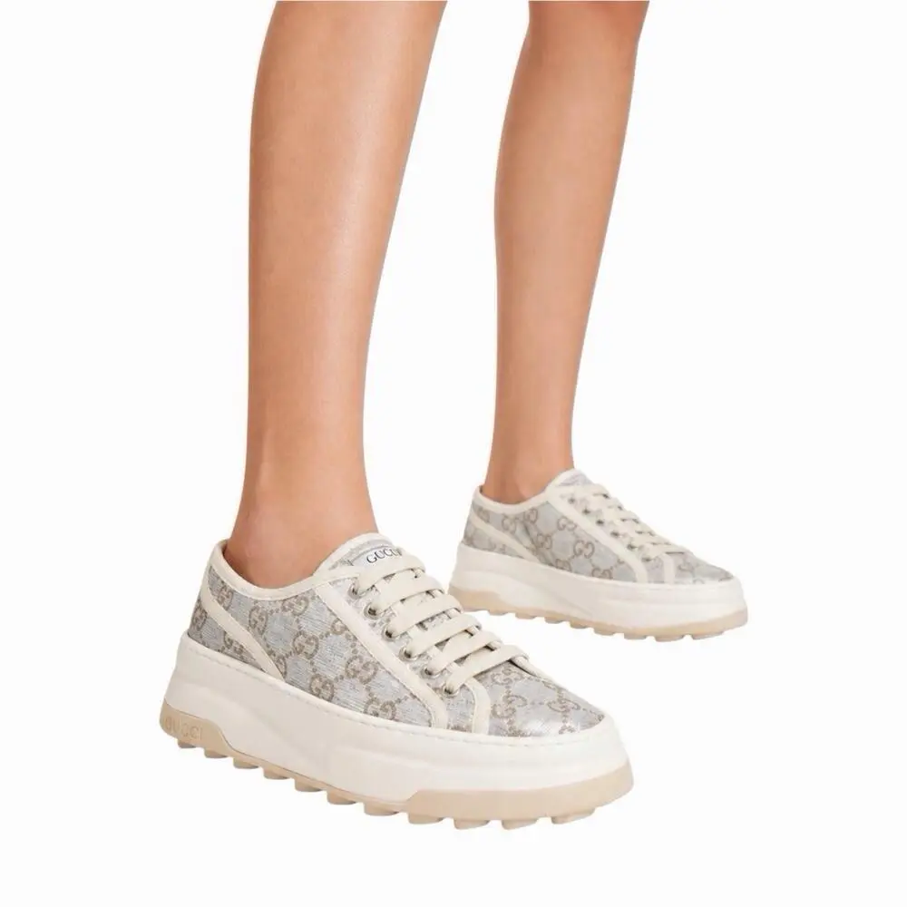 Gucci Tennis 1977 Treck GG Monogram Flatform Sneaker Silver Women Size 36