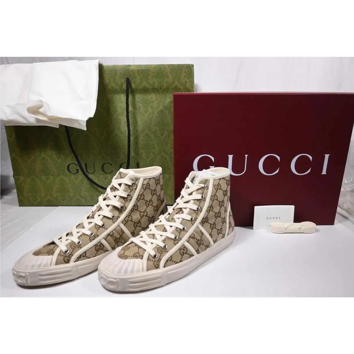 Mens Gucci High-top GG Beige Canvas Sneakers 786367 SZ 8 Italy 8.5