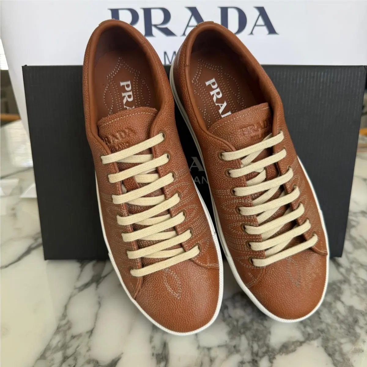 Prada Milano 2EE448 Mens Brown Pebbled Leather Low Top Sneakers UK 7