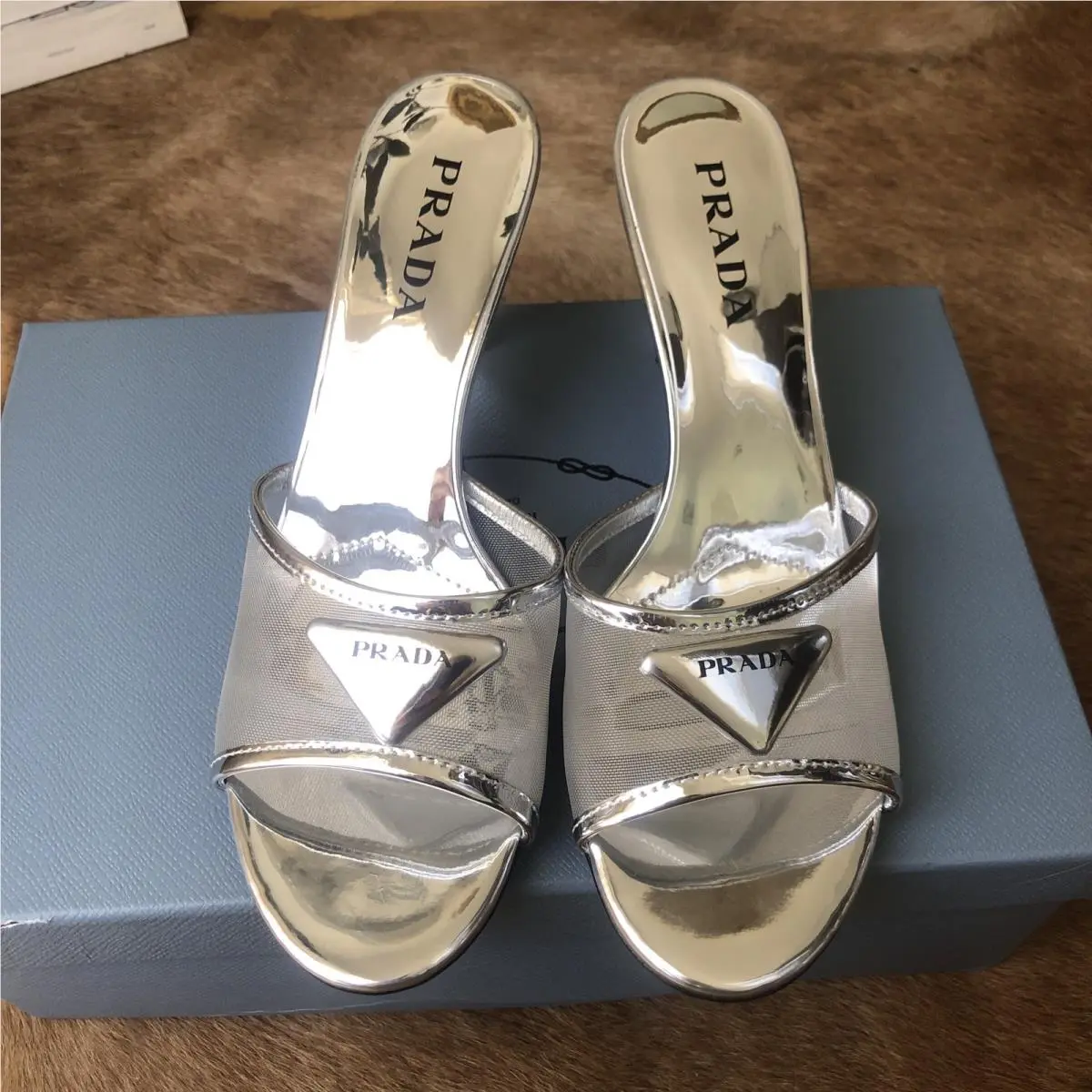 Silver Mesh Slides Mules Kitten Heels Size 38 by Prada
