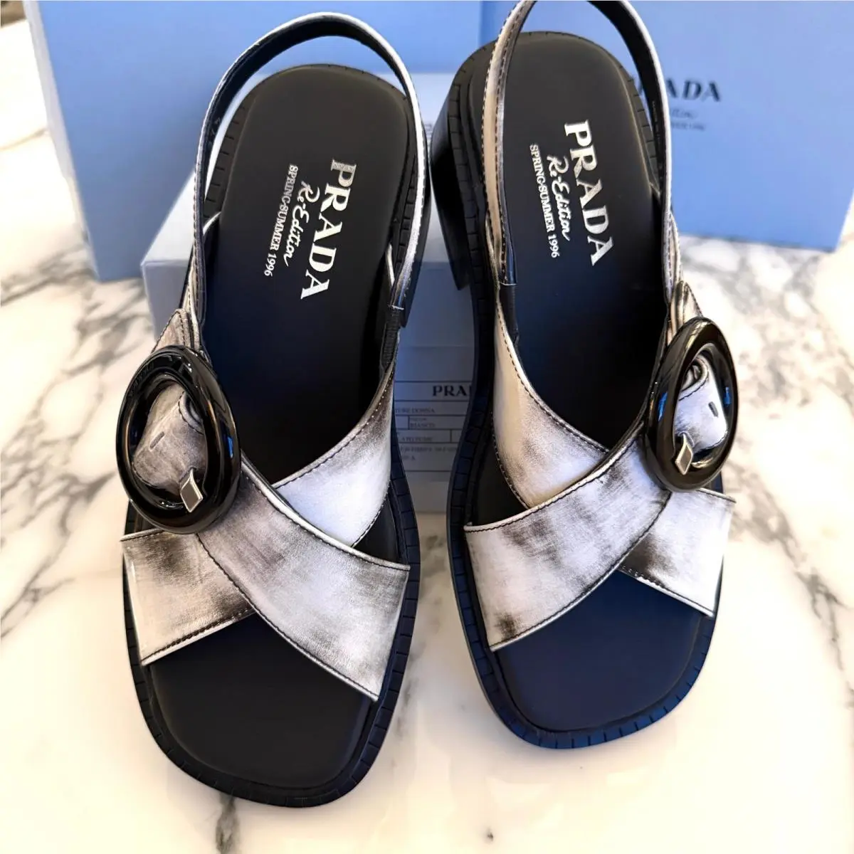 Prada 1X962N Women White/black Leather Slingback Sandals Shoes Size 37.5 US 7.5