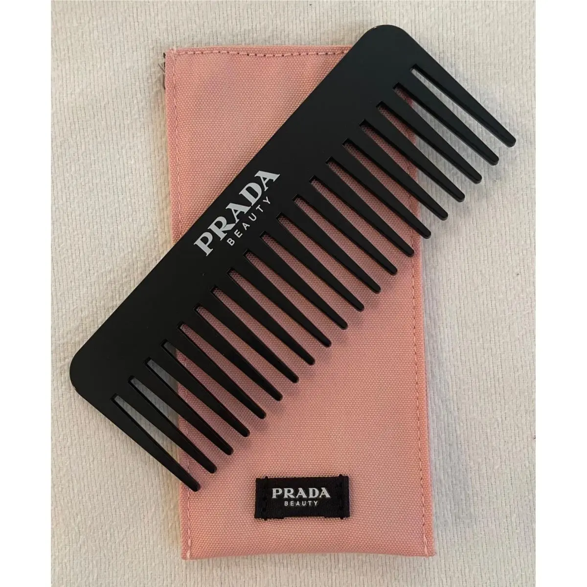 Prada Beauty Beaute Wide Tooth Hair Comb Black Pink Canvas Logo Sleeve Pouch