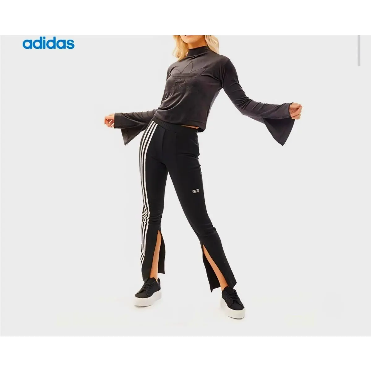 Originals Women L Velour Velvet Trefoil Crop Sweatshirt Bell Sleeves by Adidas