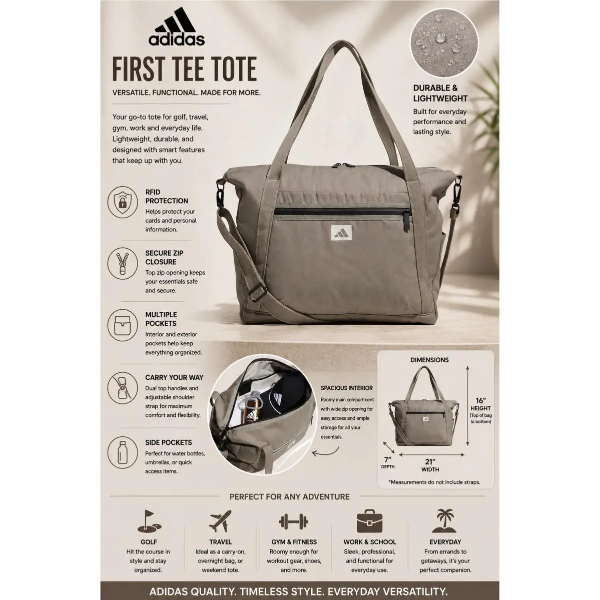 Adidas Golf First Tee Tote Bag Shoulder Bag Cotton Unisex / Putty Beige /