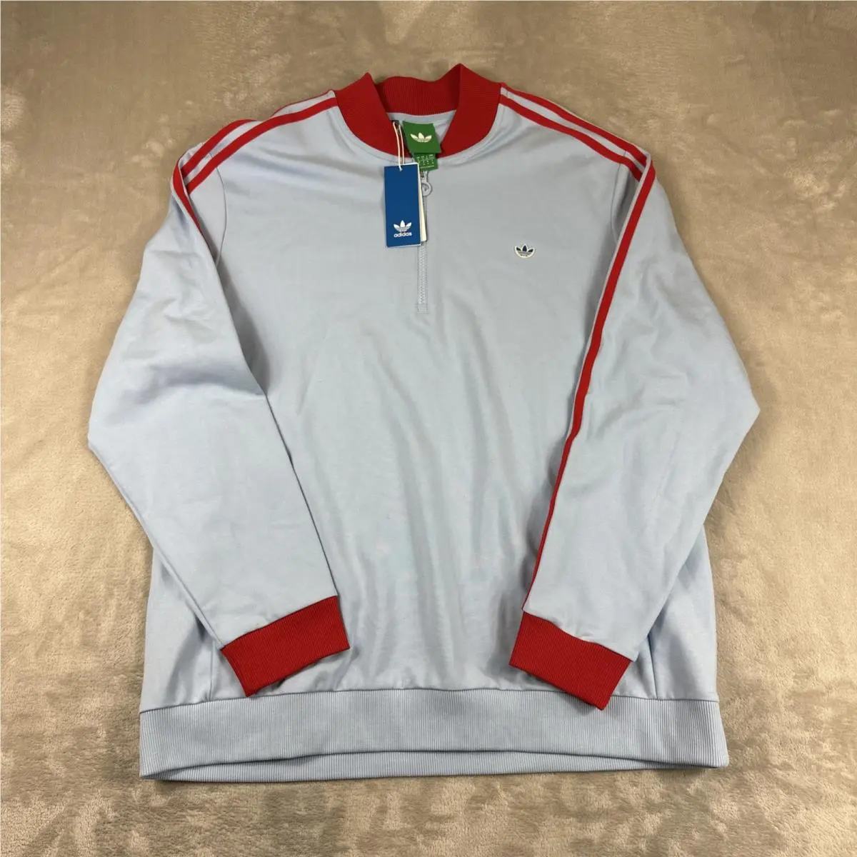 Adidas 3-Stripe 1/4 Zip Sweatshirt Men`s Size XL Clear Sky Blue/red
