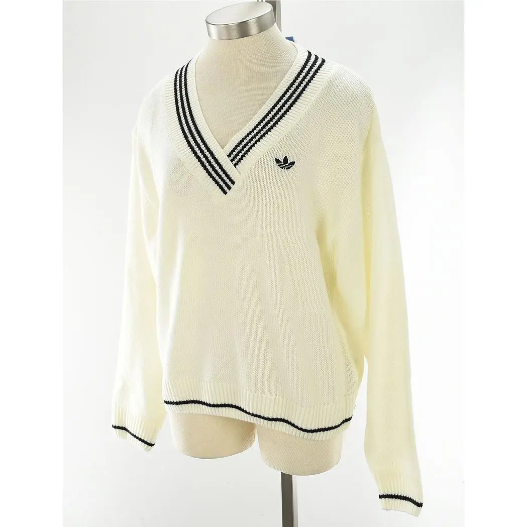 Adidas Chalk Black Sporting Style Pullover Wool Blend Knit V Neck Sweater XS