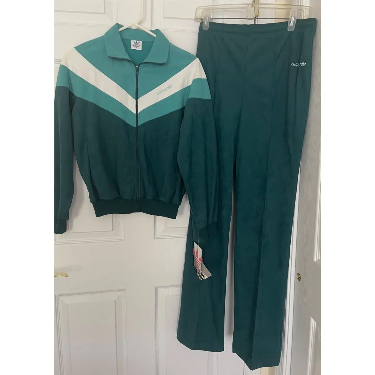 Vtg 80s 90s Adidas Velour Tracksuit Size M Teal Green Jacket Pant Trefoil