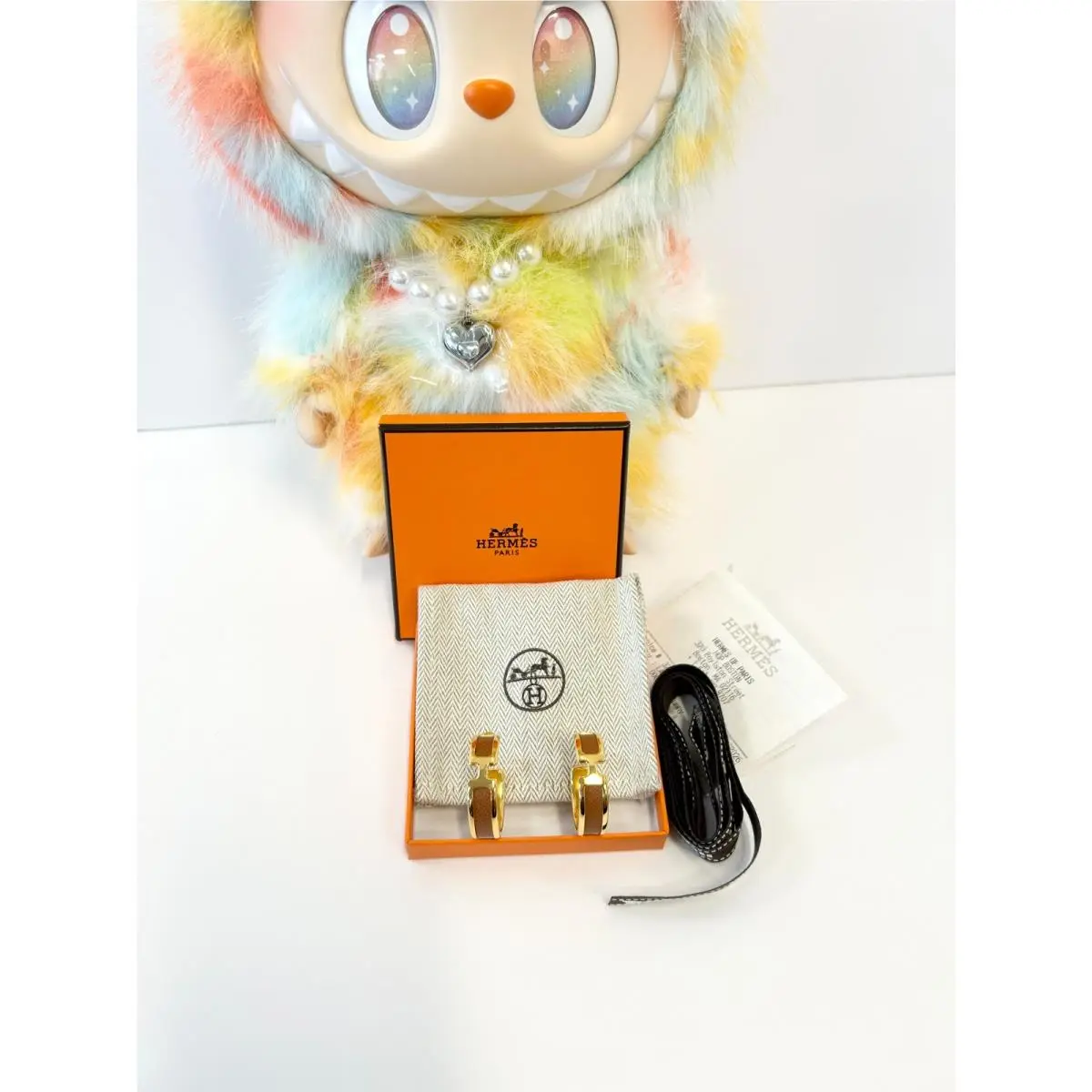 Hermès Olympe Hoop Earrings Gold Brown Leather Gold Plated by Hermes