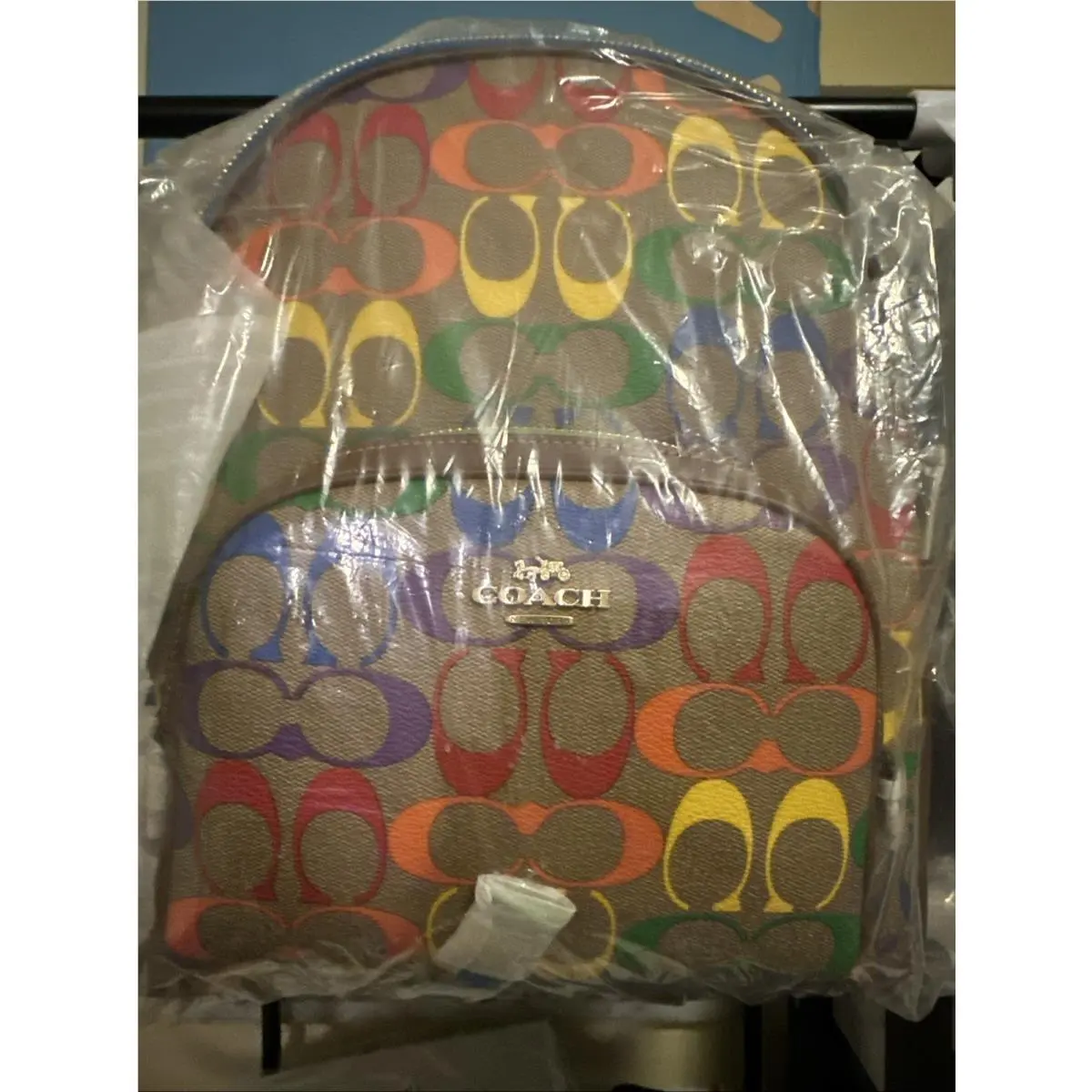 Coach CA140 Women`s Medium Backpack Rainbow Blue Brown Green