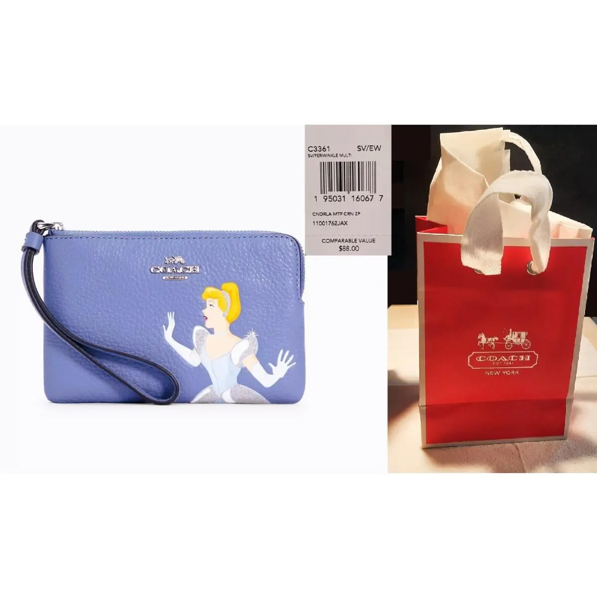 Coach X Disney Wristlet Cinderella Wallet Corner Zip Periwinkle C3361 +gift Bag