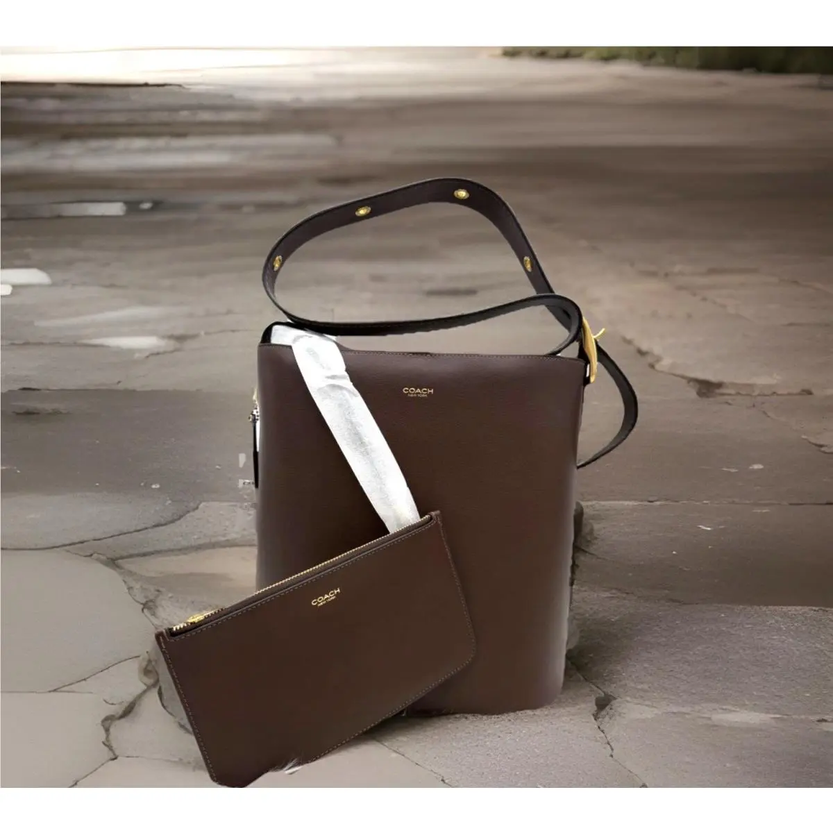 Coach Bleecker Medium Leather Bucket Crossbody Bag In Maple