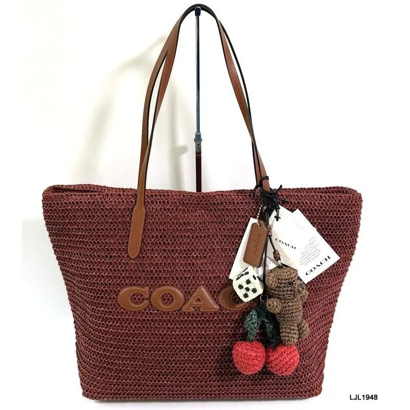Coach Large Straw City Tote Bag with Charms Russet CES20
