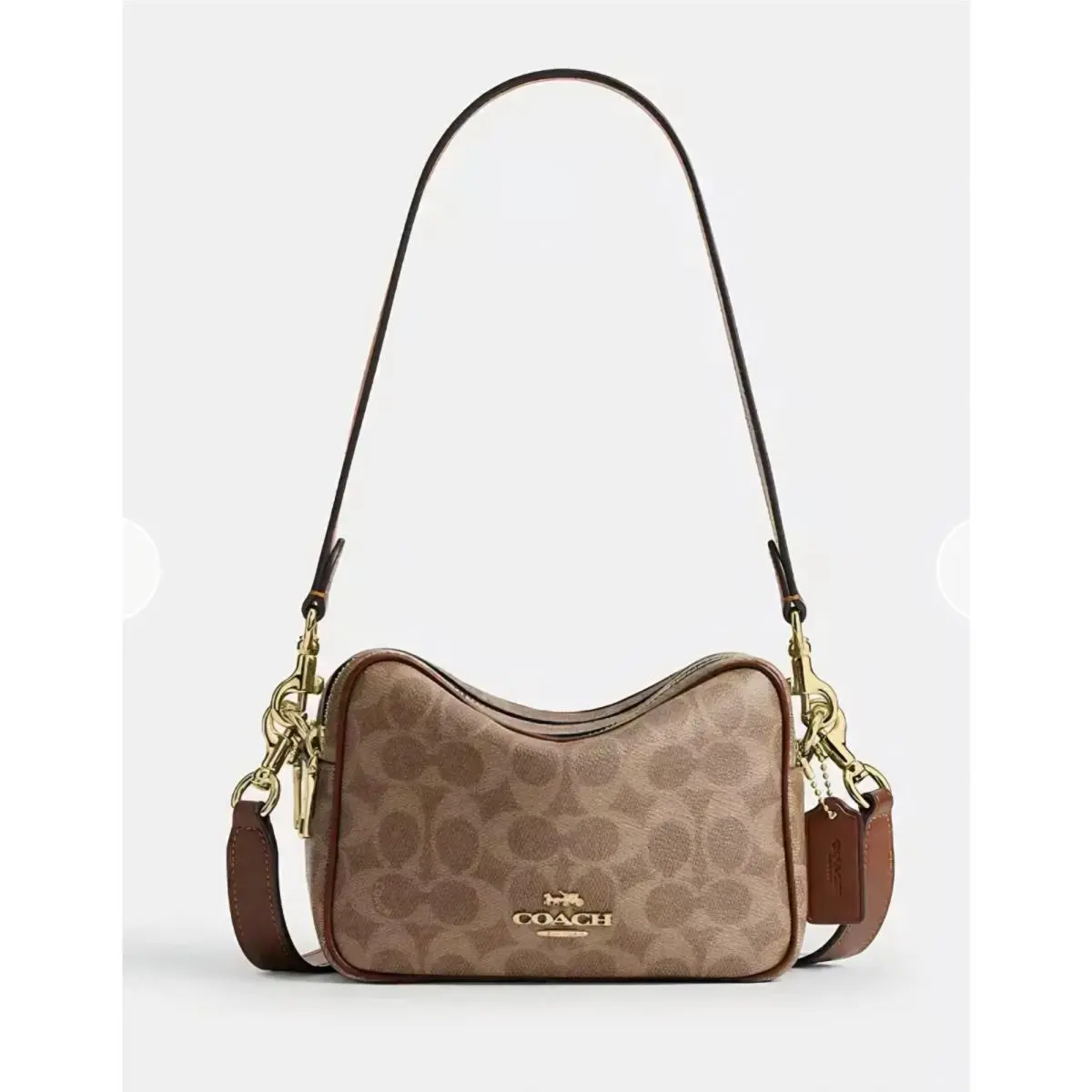 Coach Mini Carey Crossbody Bag Tan Brown Signature Canvas Gold CEK69