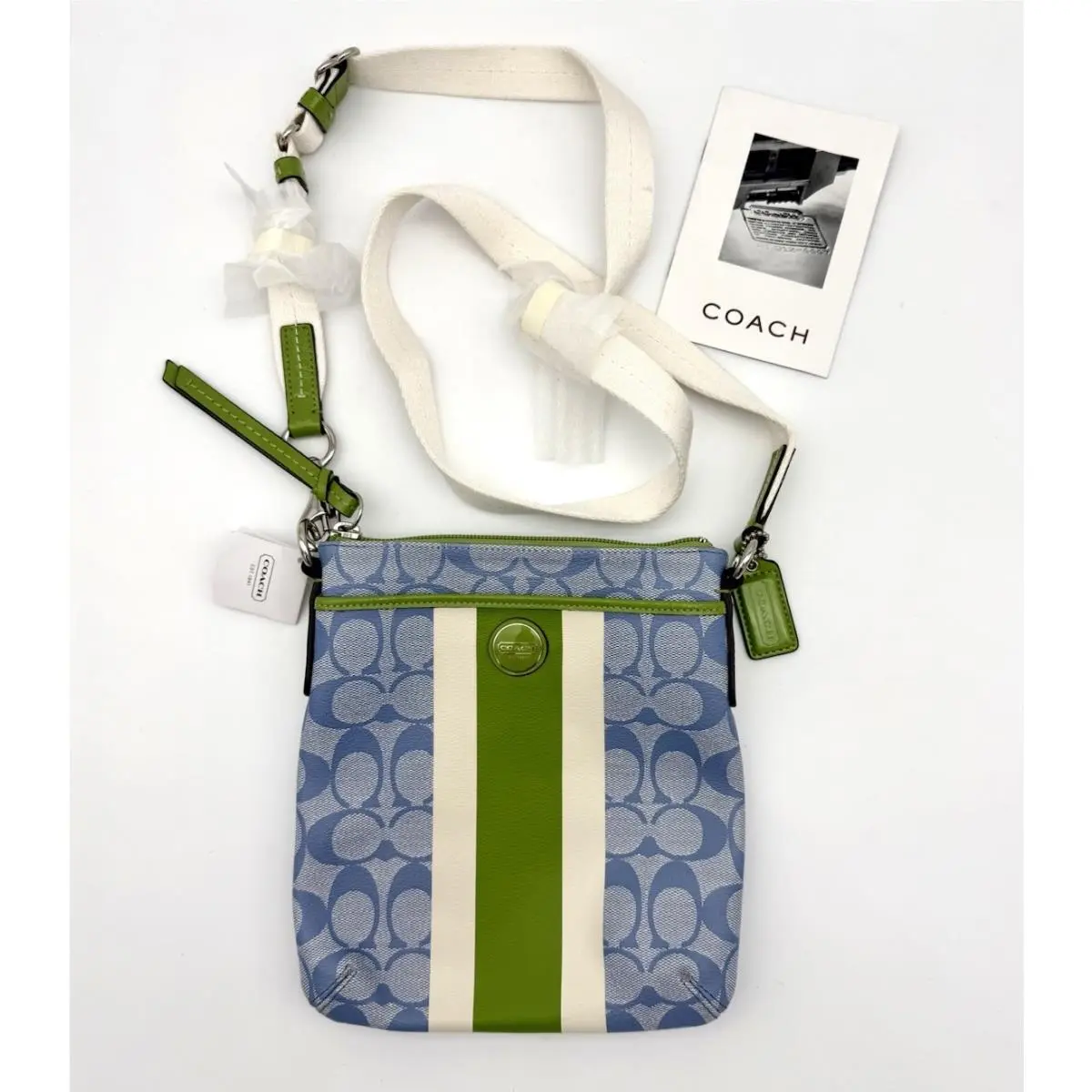 Coach F51265 Blue Signature Print Canvas Crossbody Swingpack Green Stripe