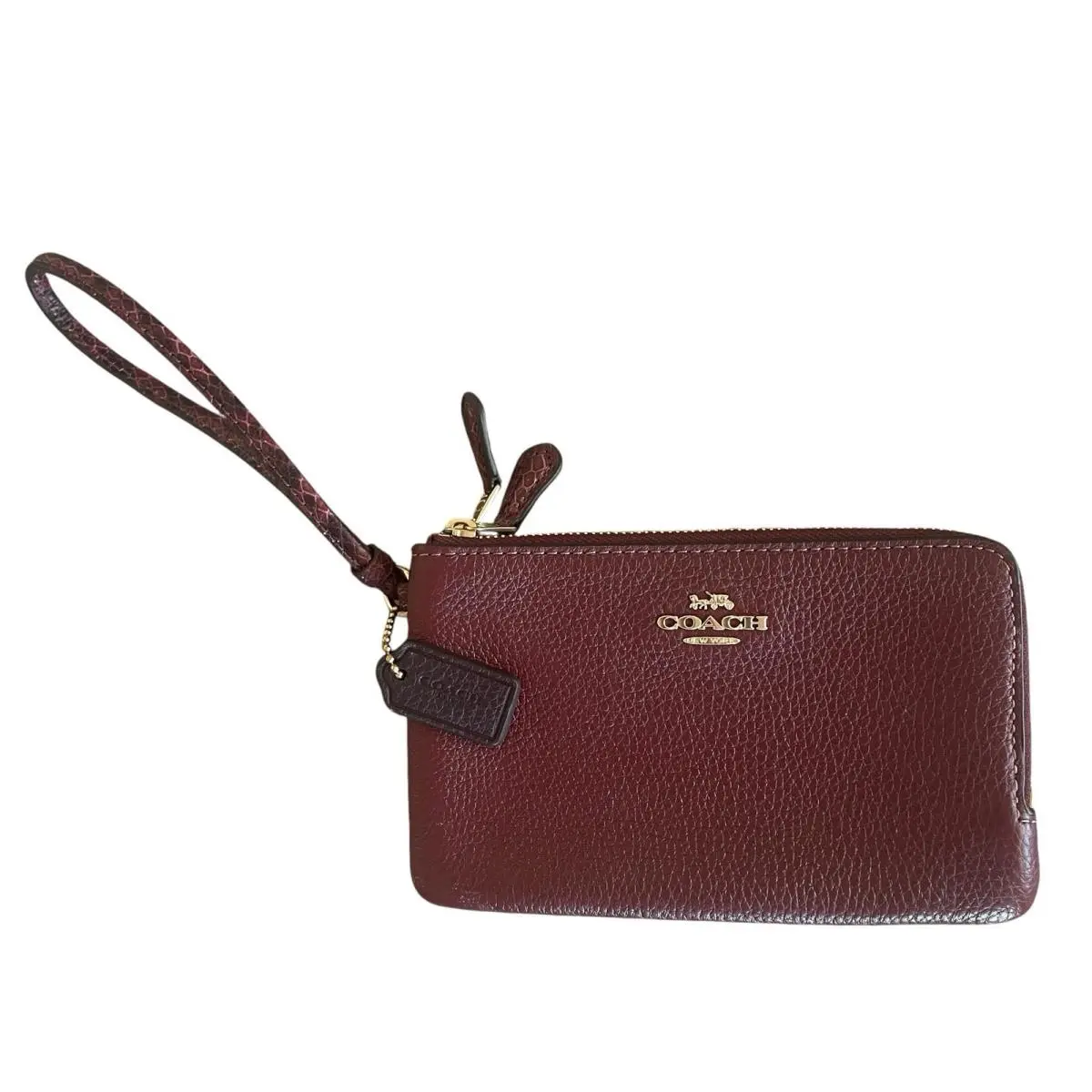 Coach Double Corner Zip Wristlet Wallet Wine Multi Pebbled Leather Gold Tone