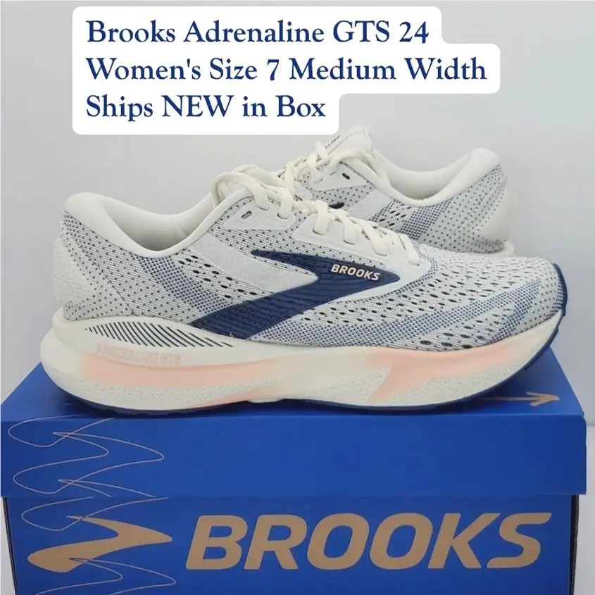 Brooks Womens Size 7 Medium Adrenaline Gts 24 Running Shoes Cream Peach Blue