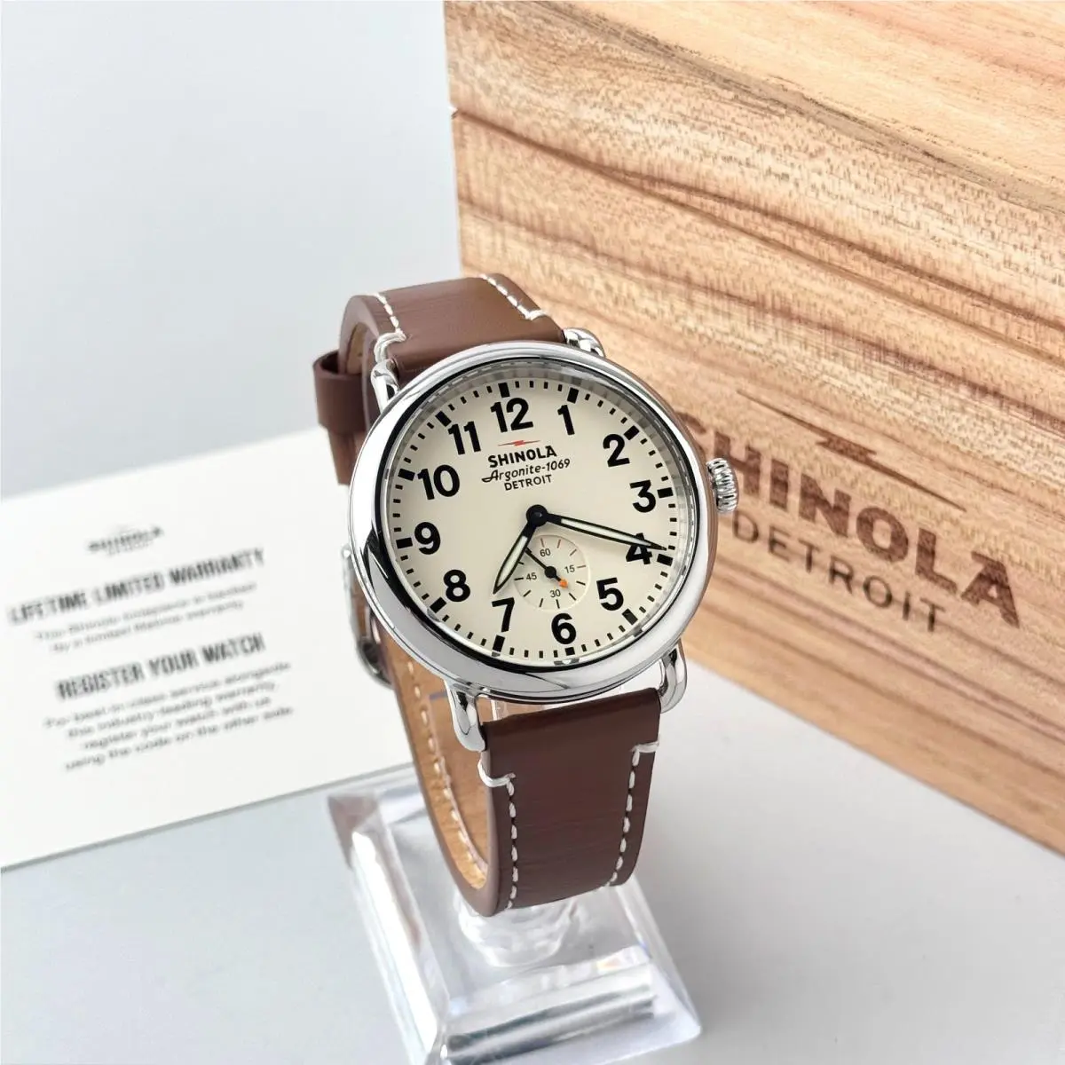 Runwell 41mm Cream Dial Brown Leather Strap Men`s Quartz Watch by Shinola