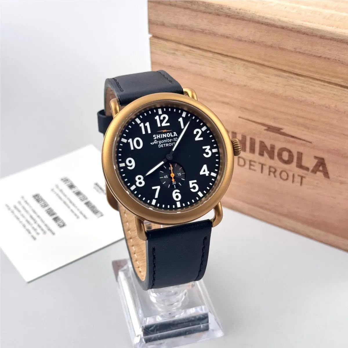 Men`s Runwell 47mm Black Dial Leather Strap Argonite 1069 Quartz Watch by Shinola