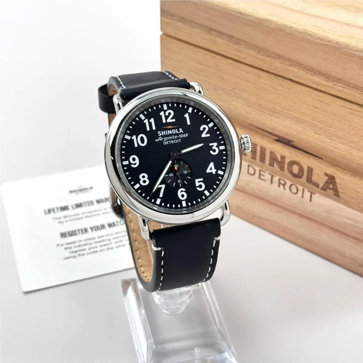 Runwell 47mm Argonite 1069 Black Dial Leather Strap Men`s Quartz Watch by Shinola