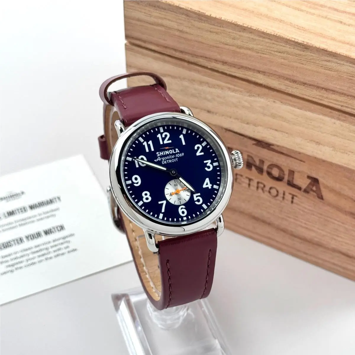 Runwell 41mm Midnight Blue Dial Cattail Leather Strap Men`s Quartz Watch by Shinola