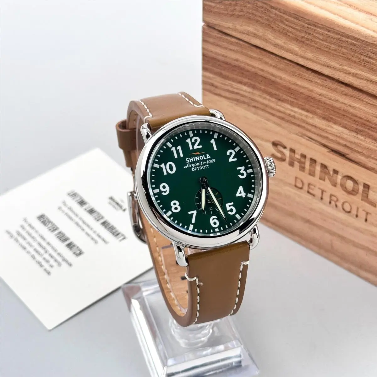 Runwell 41mm Green Dial Leather Strap Argonite 1069 Quartz Men`s Watch by Shinola