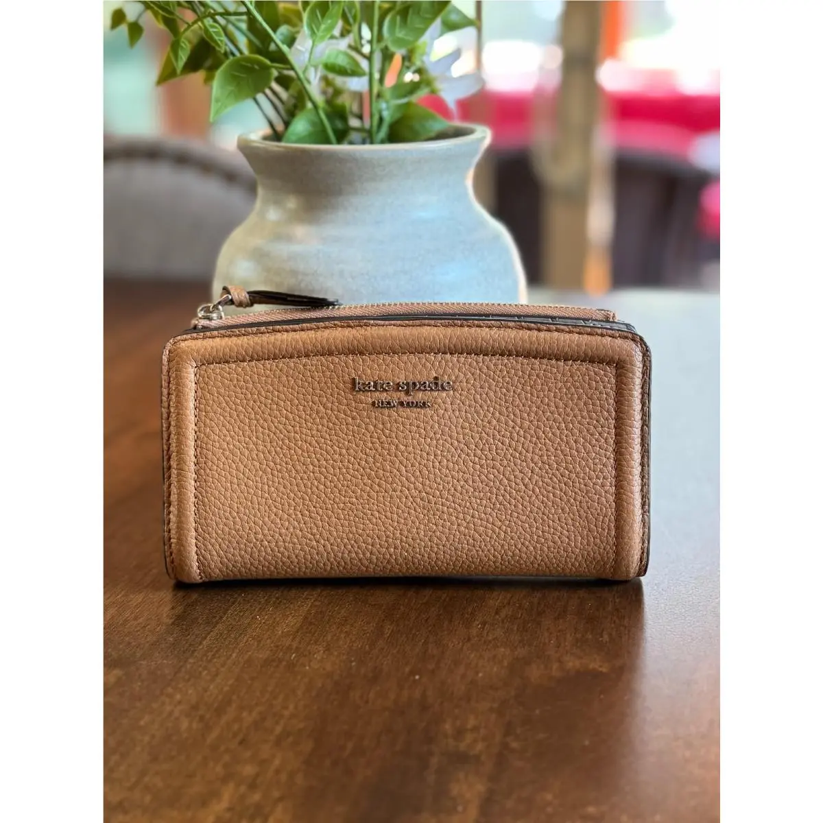 Kate Spade Knott Pebbled Leather Zip Slim Wallet Bungalow Tan K5613