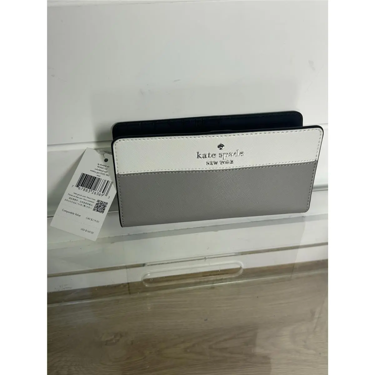 Kate Spade Staci Colorblock Large Slim Bifold Leather Wallet Grey/white