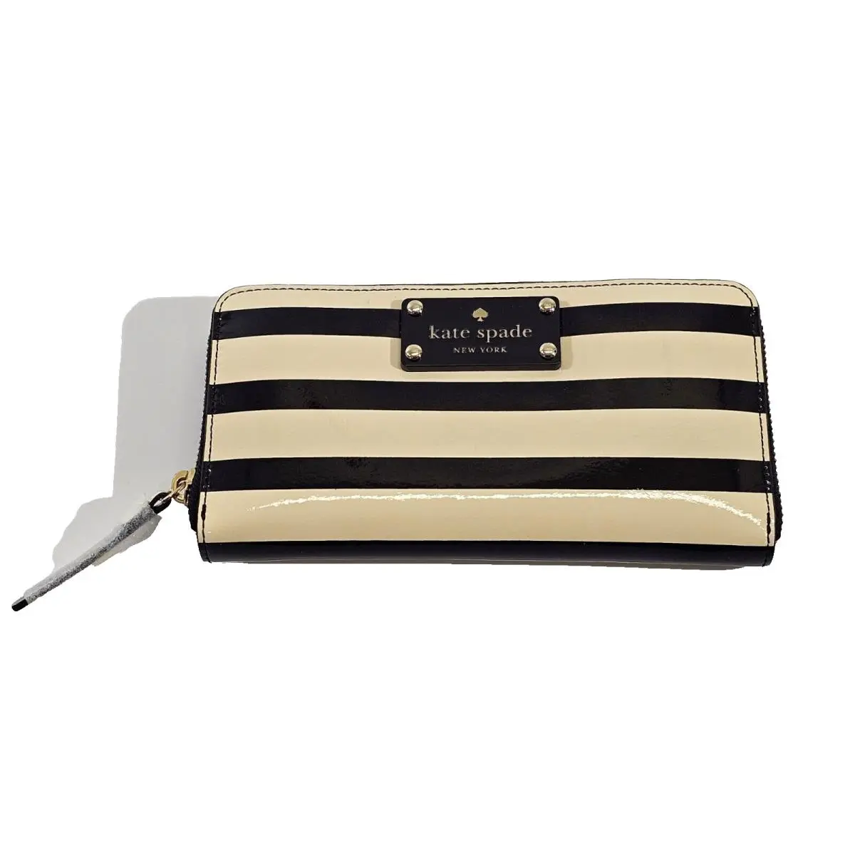 Kate Spade New York Striped Patent Leather Zip Around Wallet Black Cream Clutch
