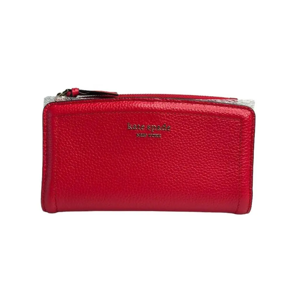 Slim Pebble Leather Zip Wallet in Ligonberry Red by Kate Spade