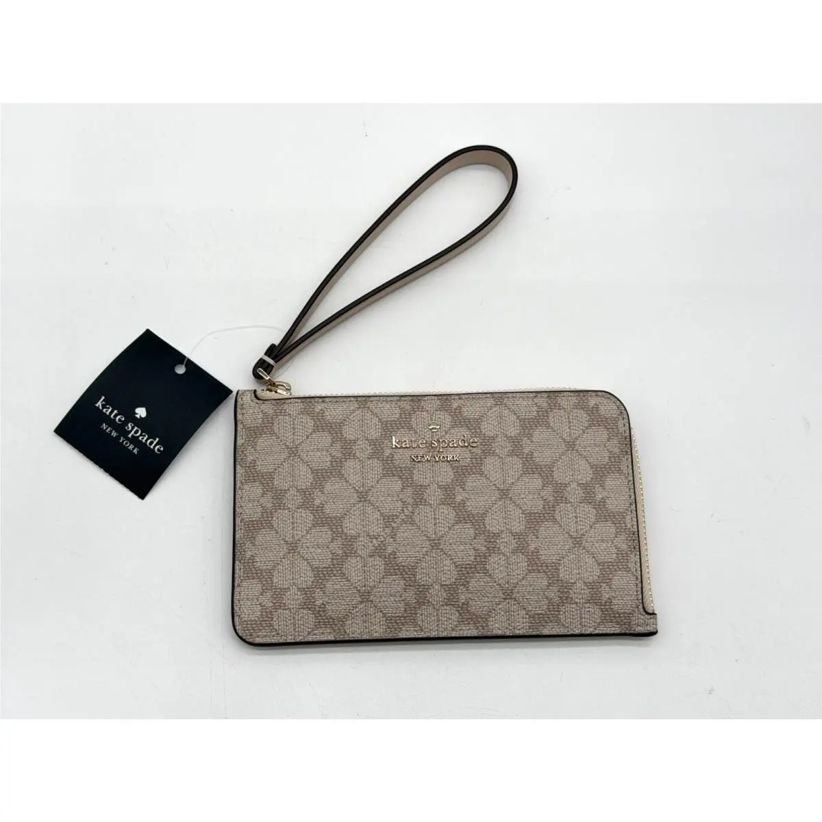 Kate Spade Leather Wristlet Dark Beige Spade Flower Lucy Zip