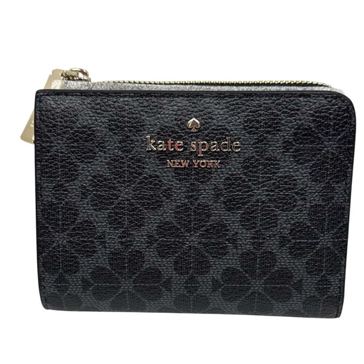 Kate Spade Small L Zip Wallet Black Spade Flower Coated Leather Coin Purse