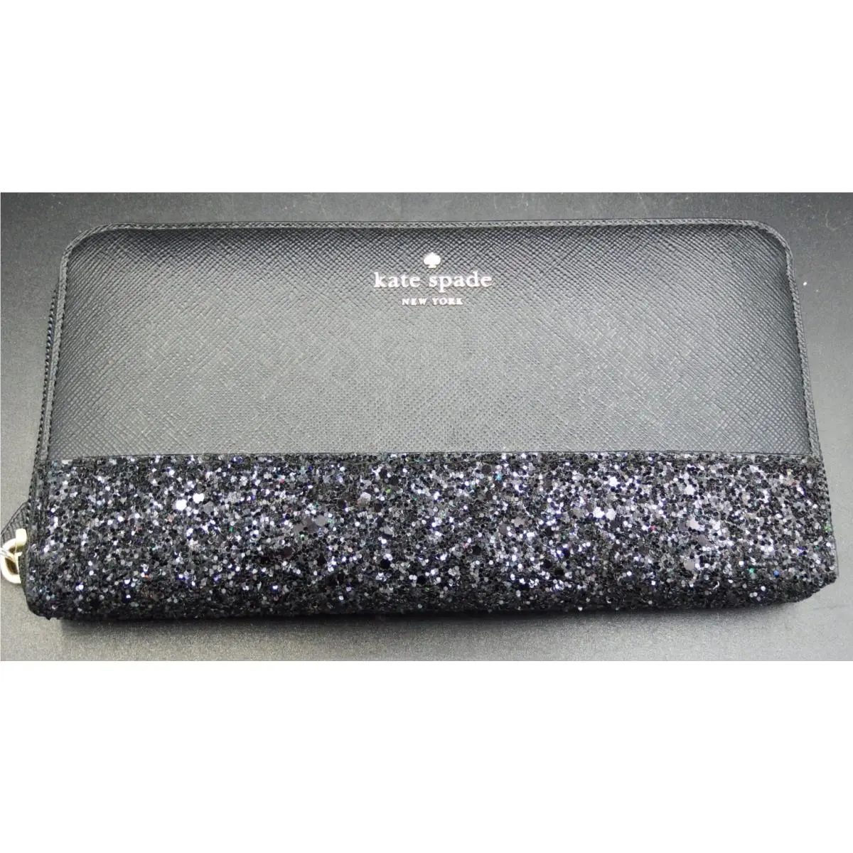 New Kate Spade Greta Court Glitter Neda Zip Around Continental Wallet Black