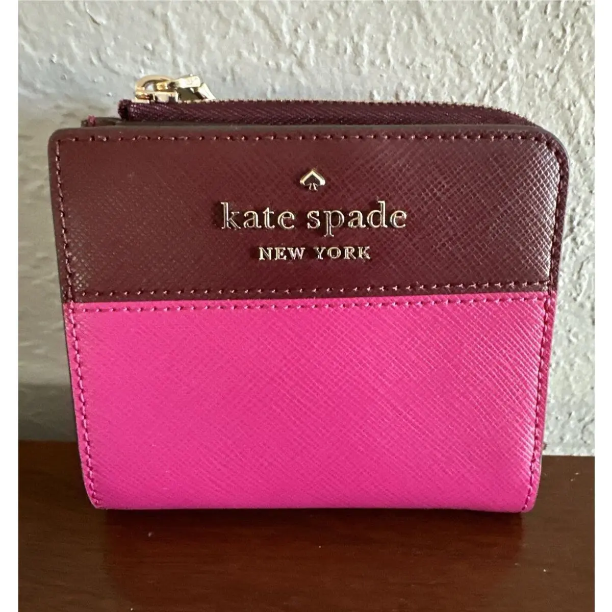 Kate Spade New York Staci Pink Brown Colorblock Wallet Saffiano Leather L Zip