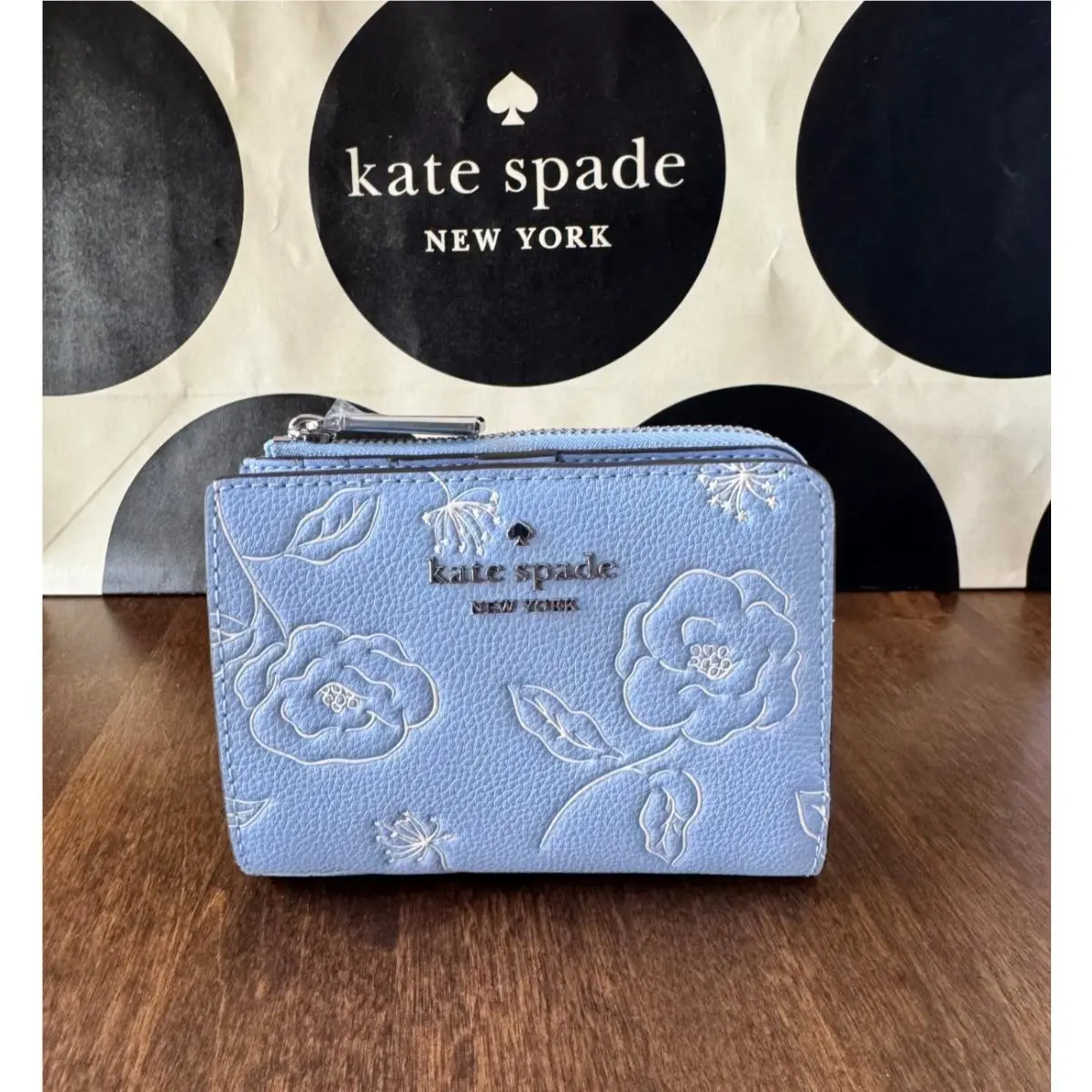New Kate Spade Floral Small L-zip Leather Wallet - North Star