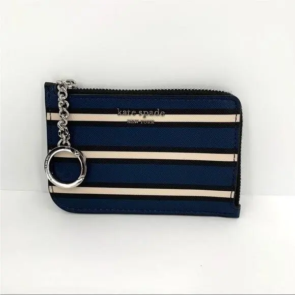 Kate Spade Cameron Medium L-zip York Stripe Card Holder Keyring Blue Black New