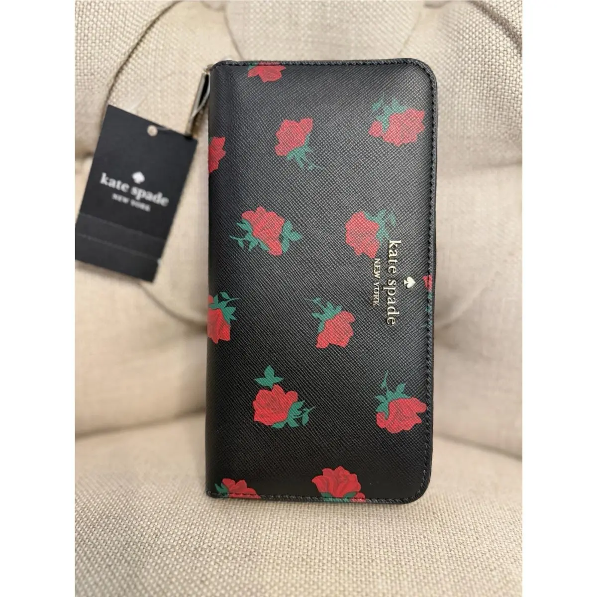 New Kate Spade Large Wallet Madison Rose Toss Printed Leather Continental Black