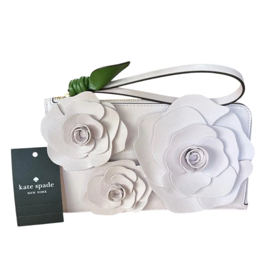 Kate Spade 3-D Floral Leather Medium L-zip Pale Amethyst Pink Wristlet